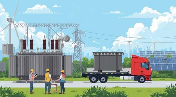 A transformer being delivered by lorry to a substation while engineers record the handover.
